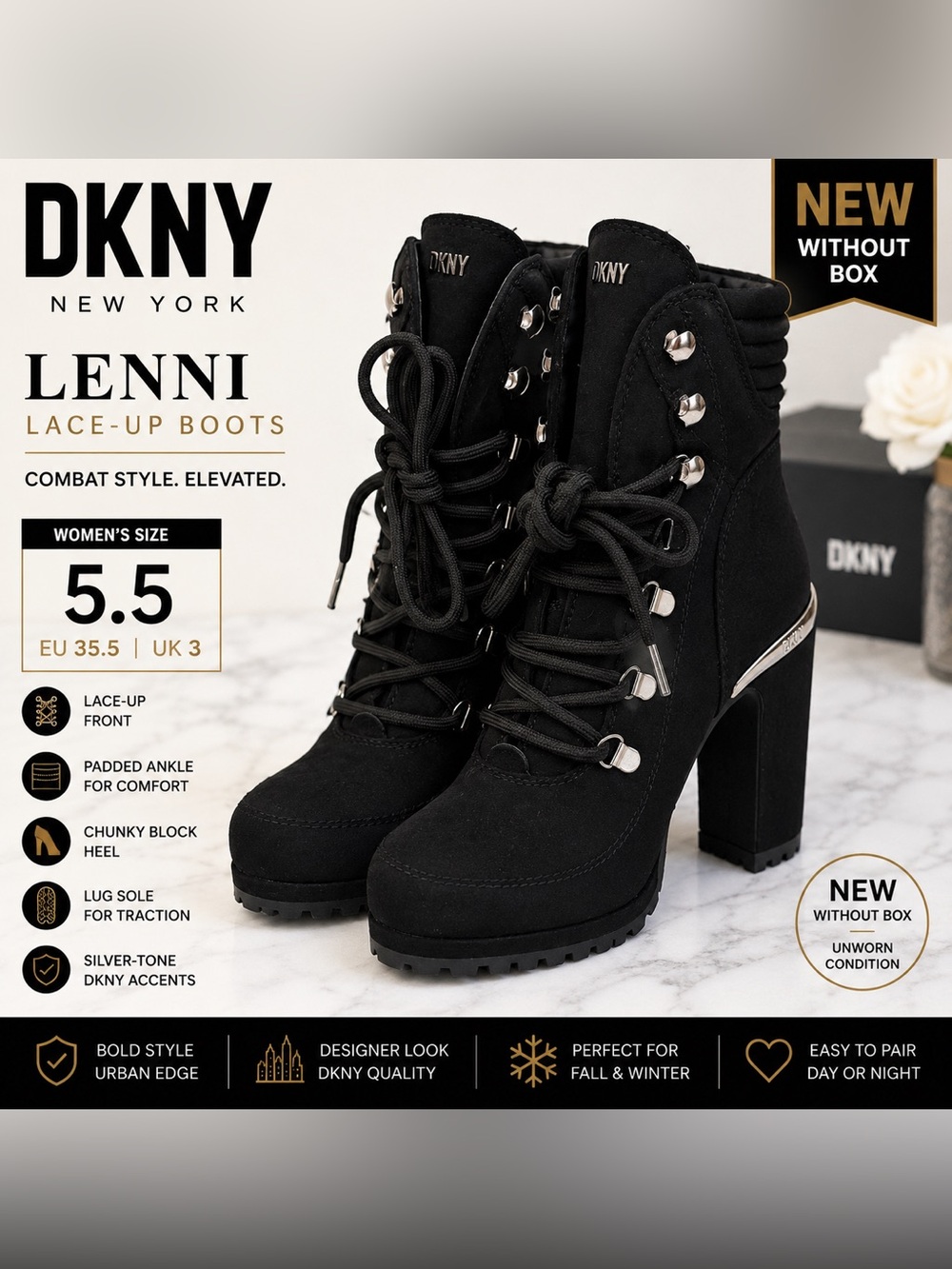 DKNY Lenni Black Lace-Up Block Heel Boots Women’s 5.5 New